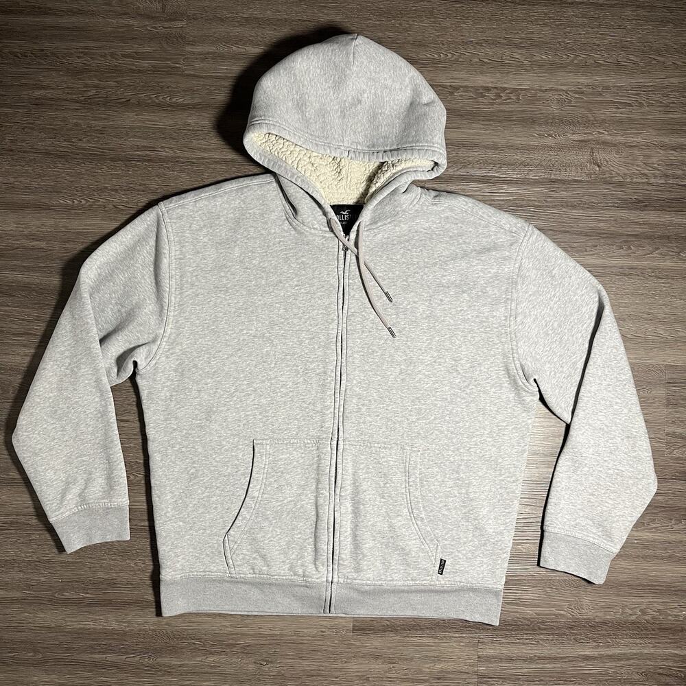Hollister Sherpa Lined Full Zip Hoodie Mens XL Gray Relaxed Fit Fleece Jacket